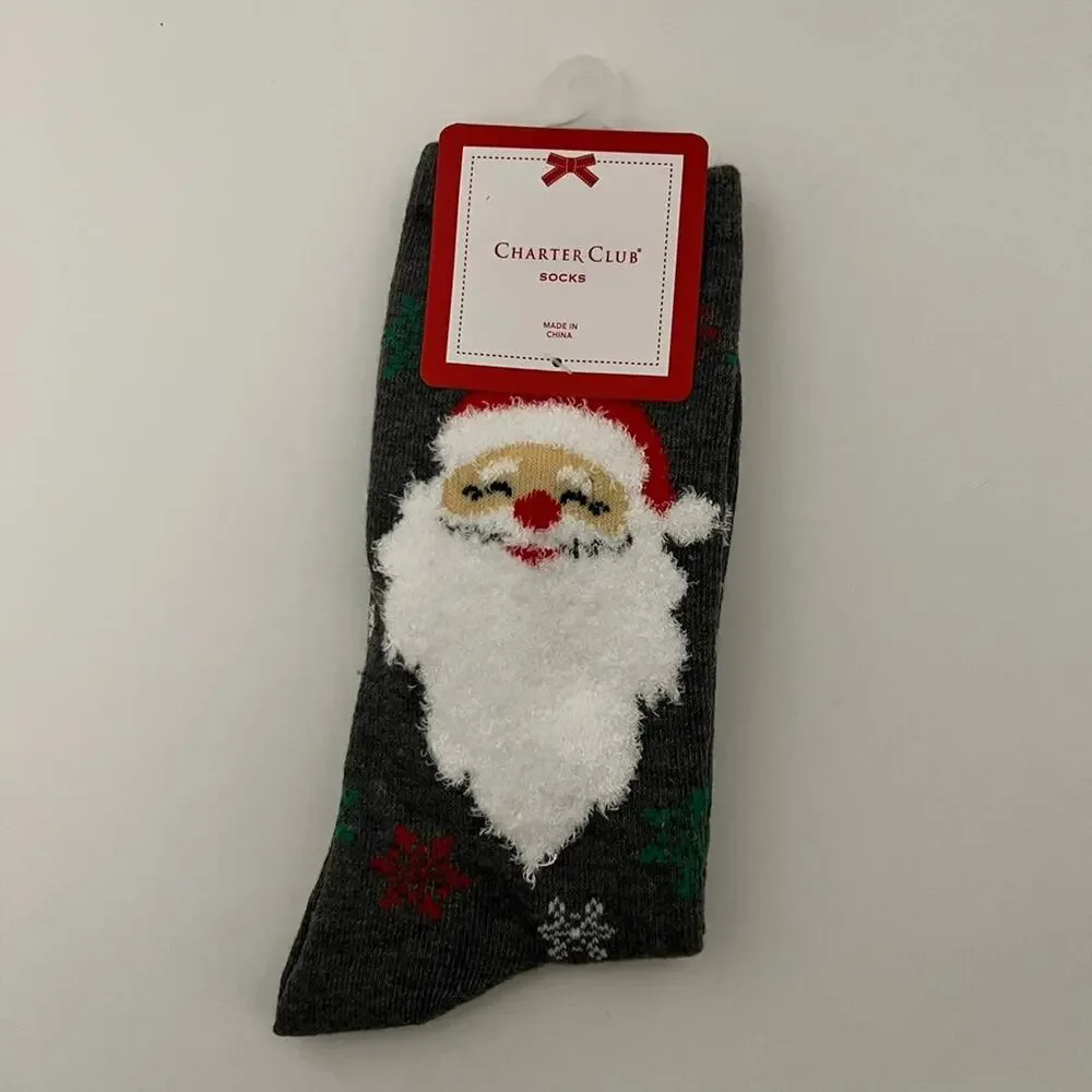 Charter Club Women's Holiday Crew Socks - Santa and Snowflakes on Grey Socks